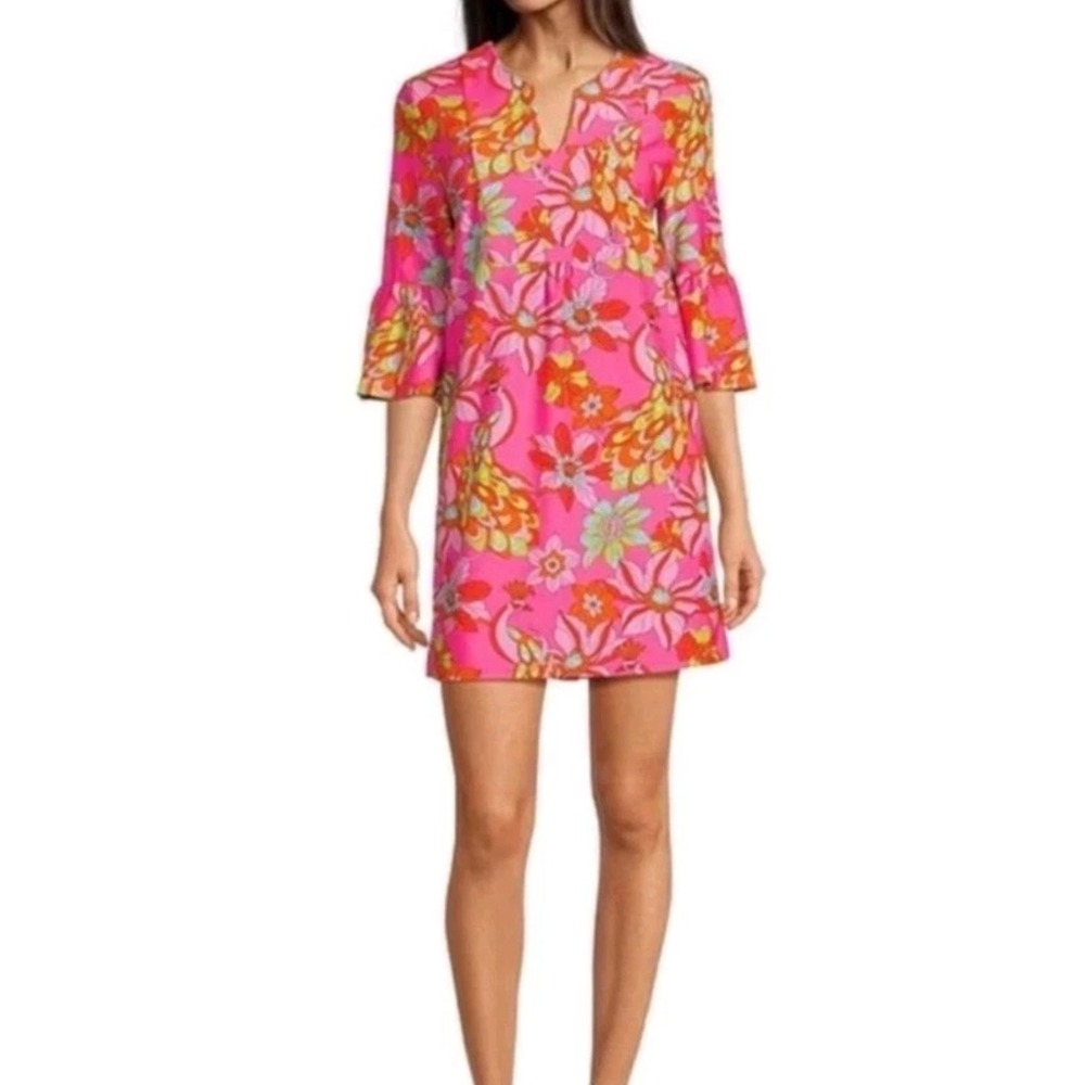 Jude Connally Emerson Dress in vibrant "Spring Pink Twirling Peacocks" pattern